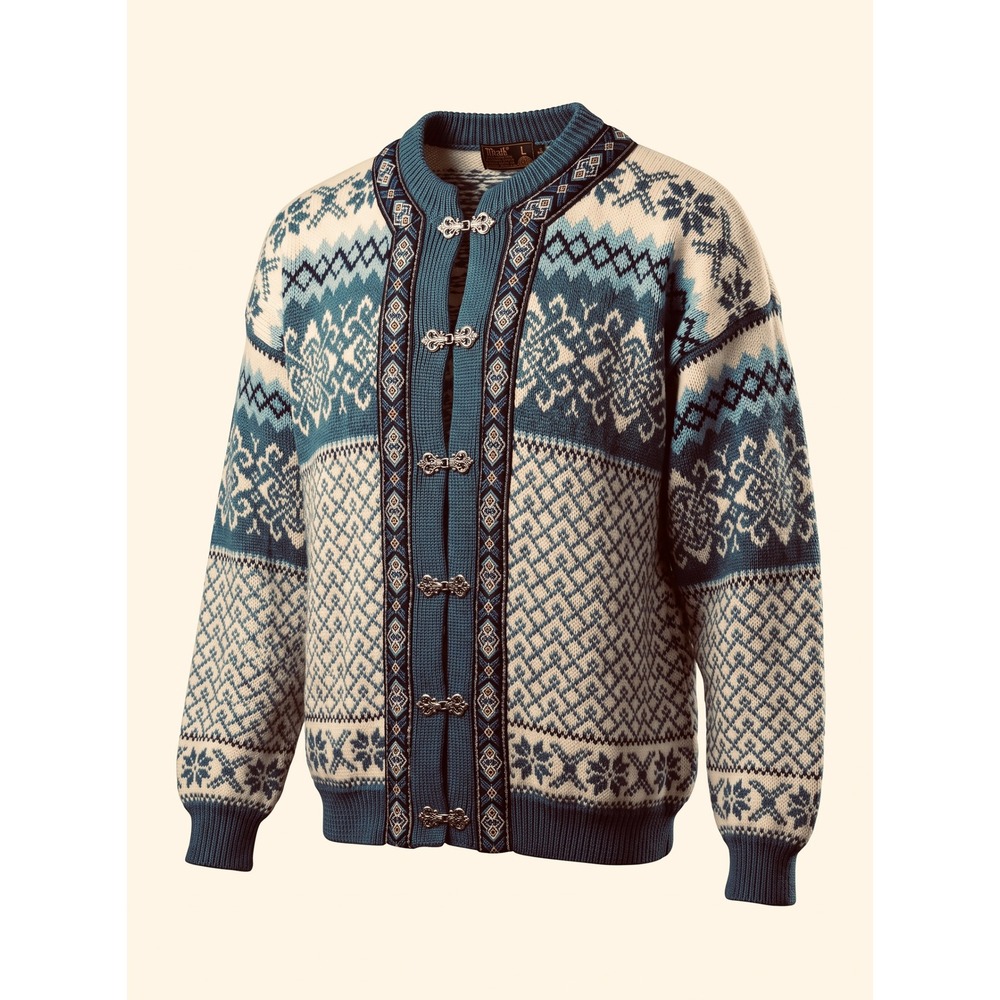 Vntge Nordstrikk Wool Cardigan Sweater Blue Nordic Fair Isle Pewter Clasp Norway